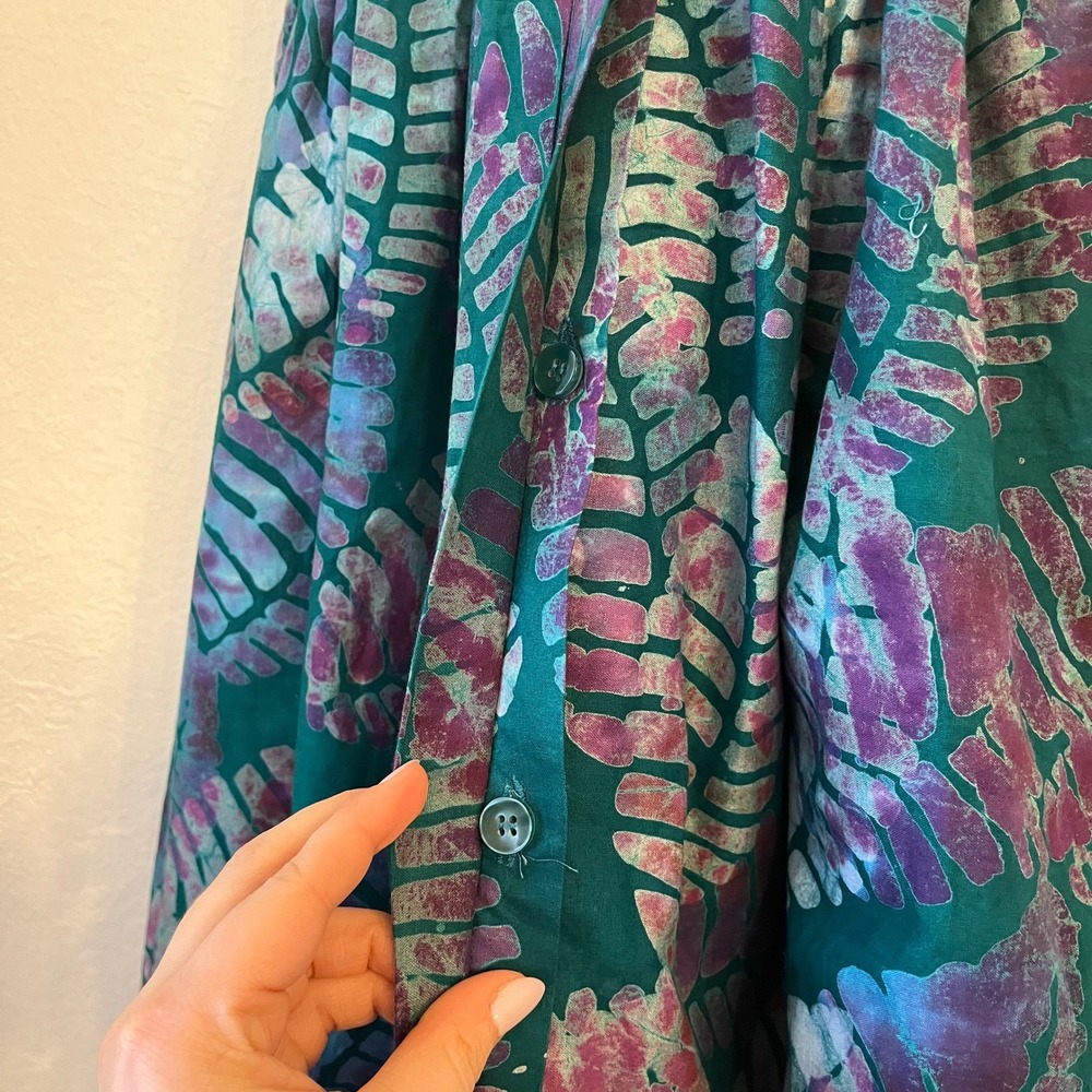 Sika Traci Smocked Maxi Dress 6 Leaf Print Tropical Resort Vacation Cotton Teal - Picture 10 of 16